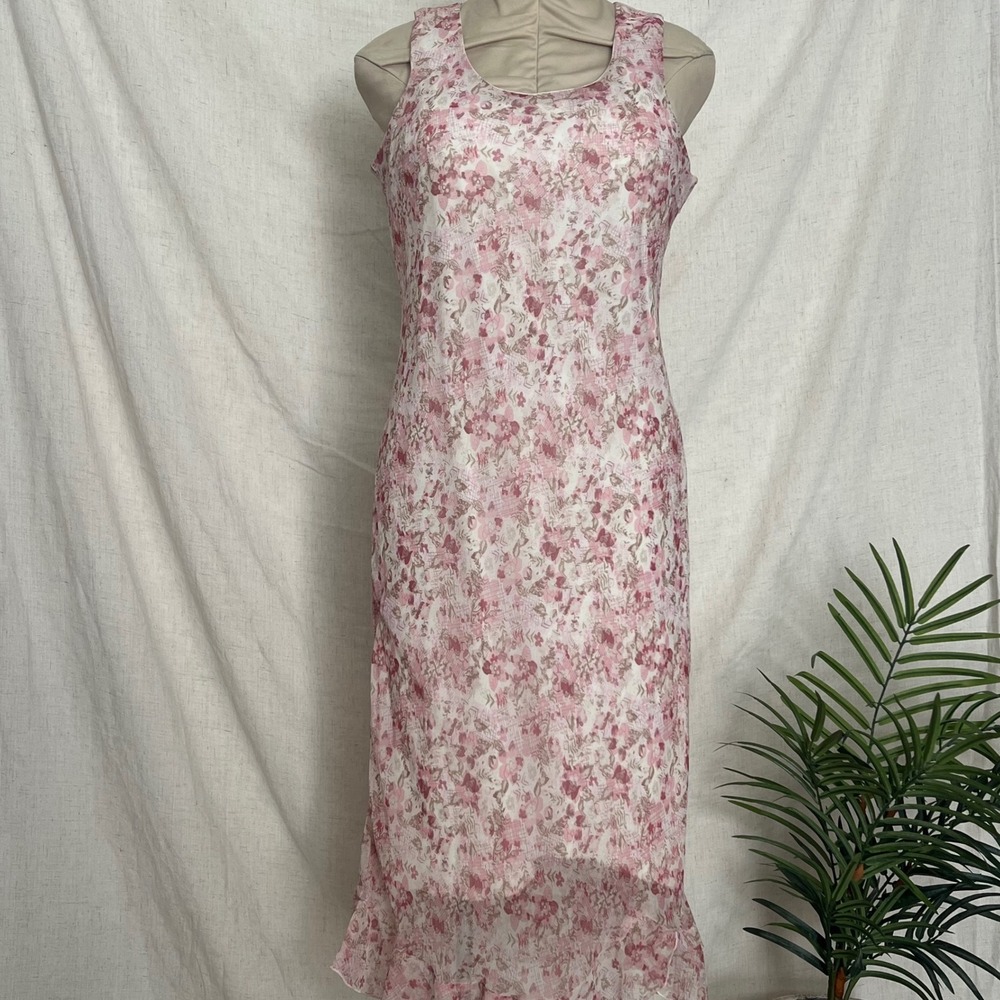 Vintage Believe Floral Pink Beige Sheer Ruffle Hem Dress Women's Size 10